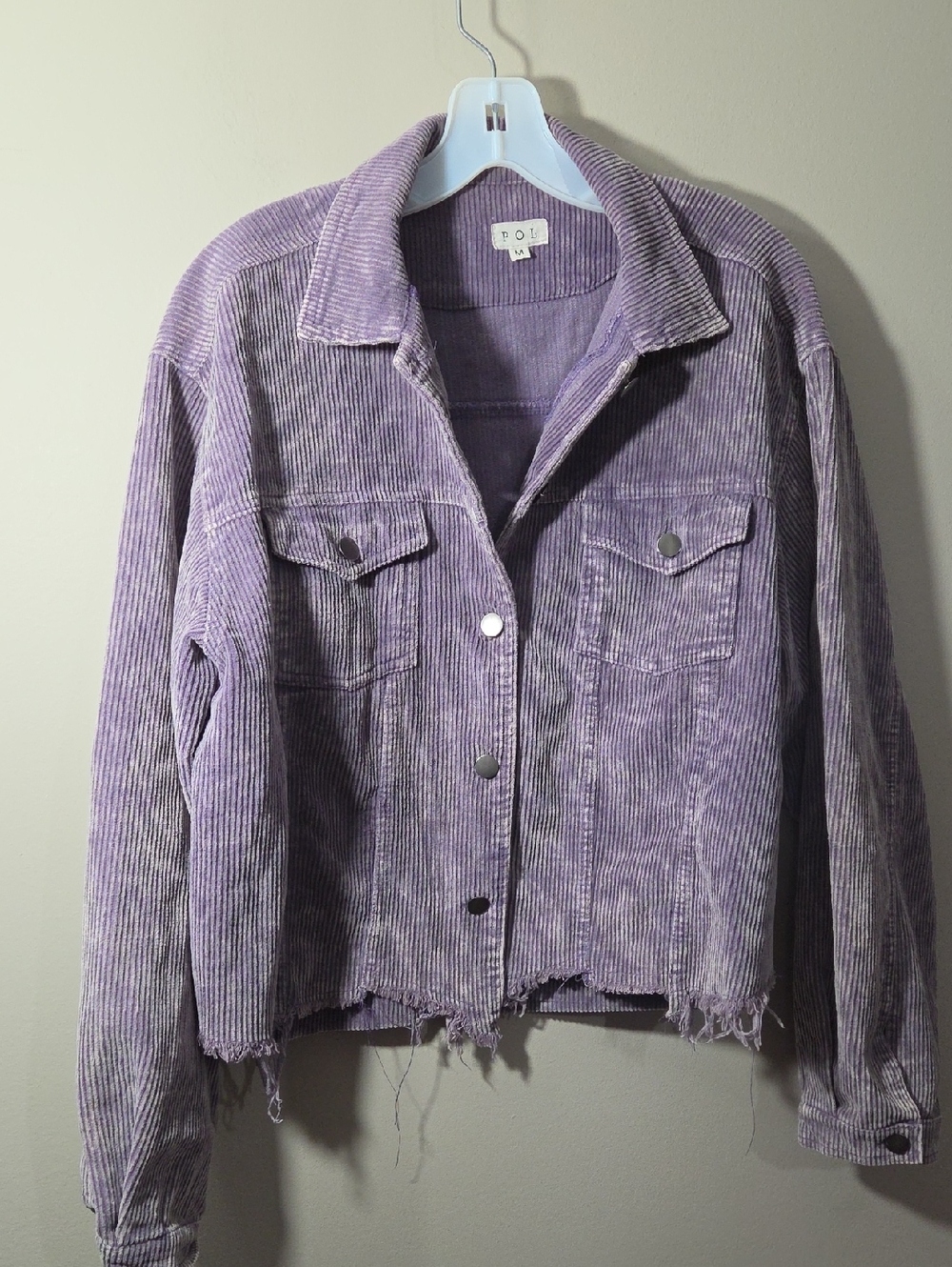 POL Lavender Corduroy Button-Front Jean Jacket